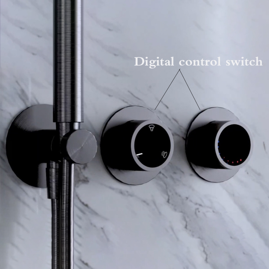 Ensemble de douche à effet pluie encastré thermostatique – Marino – Cascade & Douche à main – Régulation numérique – Or brossé