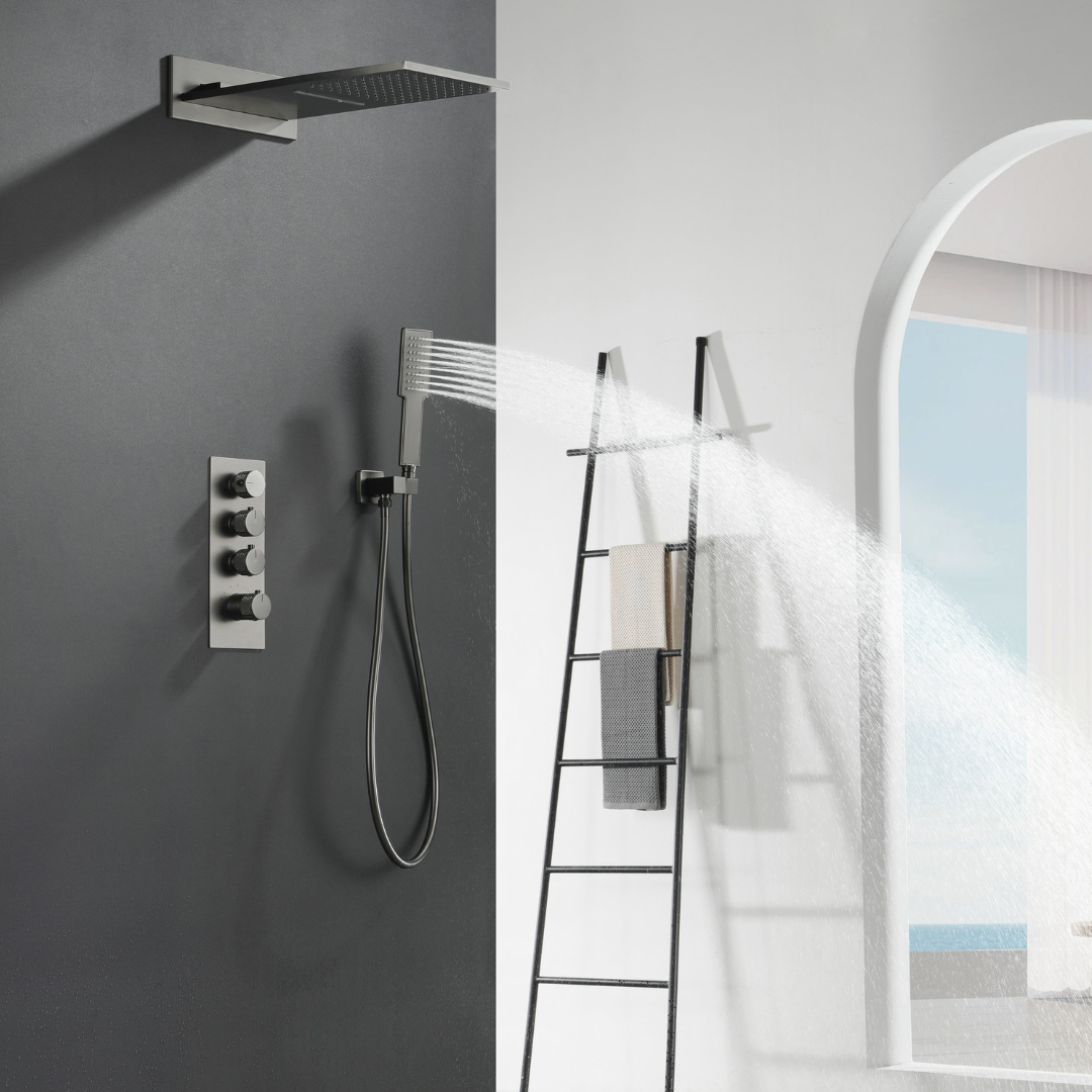 Ensemble de douche à effet pluie encastré thermostatique Isabella - Cascade - Gris gunmetal