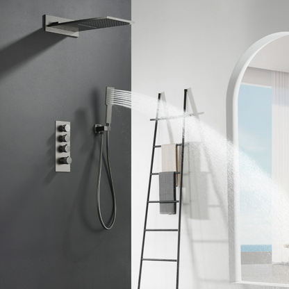 Ensemble de douche à effet pluie encastré thermostatique Isabella - Cascade - Gris gunmetal