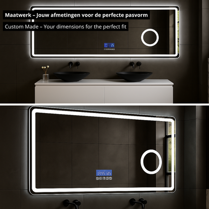Miroir de salle de bain LED sur mesure Lori – Bluetooth & haut-parleurs – Horloge numérique – Miroir de grossissement – Chauffage anti-condensation