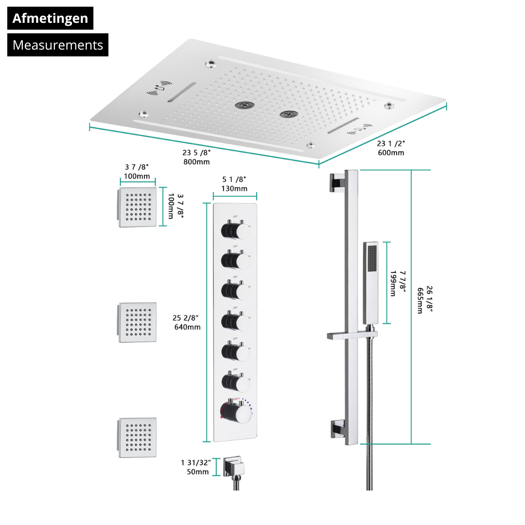 6-in-1 Thermostatische Inbouw Regendoucheset Marino – Bluetooth & Speakers – LED Verlichting – Massagejets - Chrome