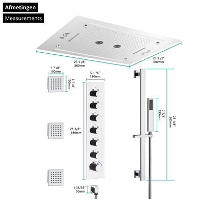 6-in-1 Thermostatische Inbouw Regendoucheset Marino – Bluetooth & Speakers – LED Verlichting – Massagejets - Chrome