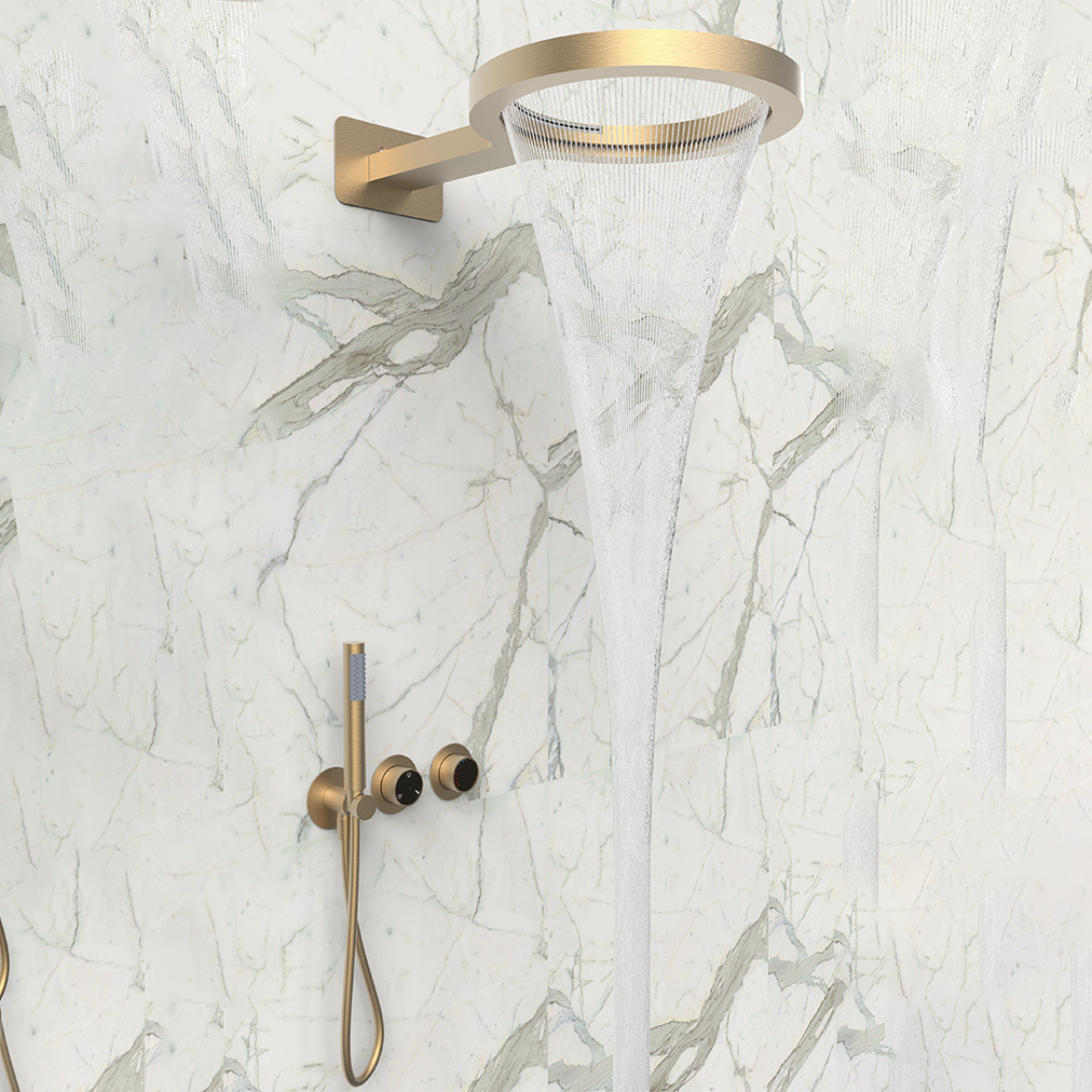 Ensemble de douche à effet pluie encastré thermostatique – Marino – Cascade & Douche à main – Régulation numérique – Or brossé