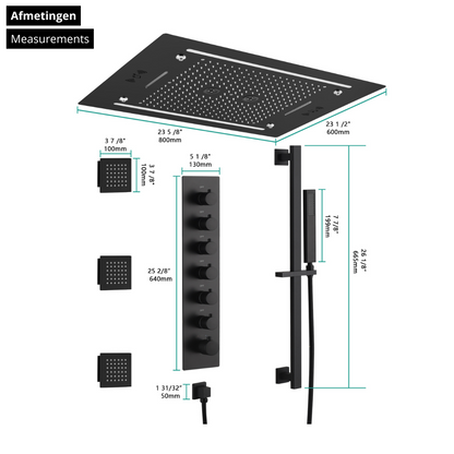 6-in-1 Thermostatische Inbouw Regendoucheset Marino – Bluetooth & Speakers – LED Verlichting – Massagejets - Zwart