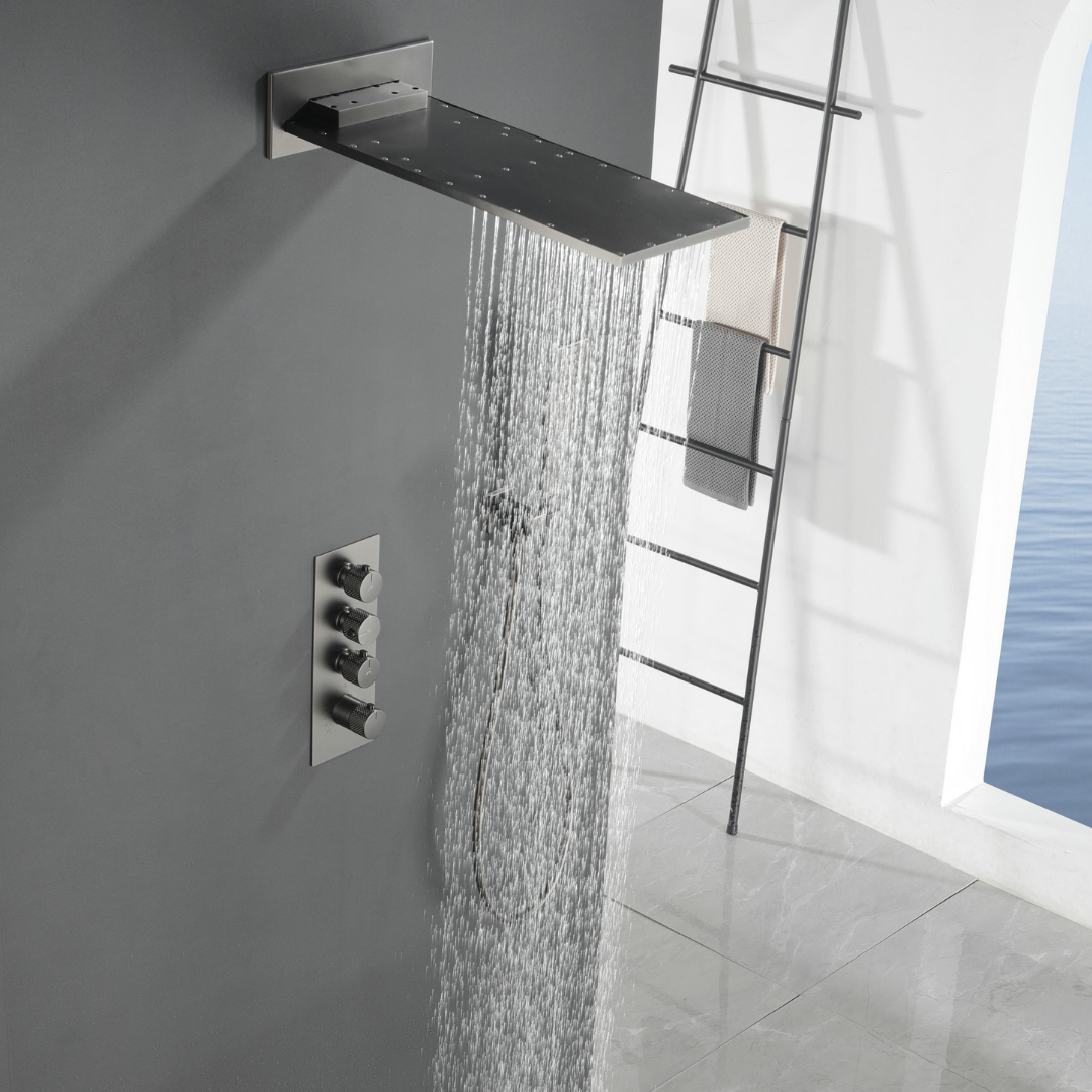 Ensemble de douche à effet pluie encastré thermostatique Isabella - Cascade - Gris gunmetal
