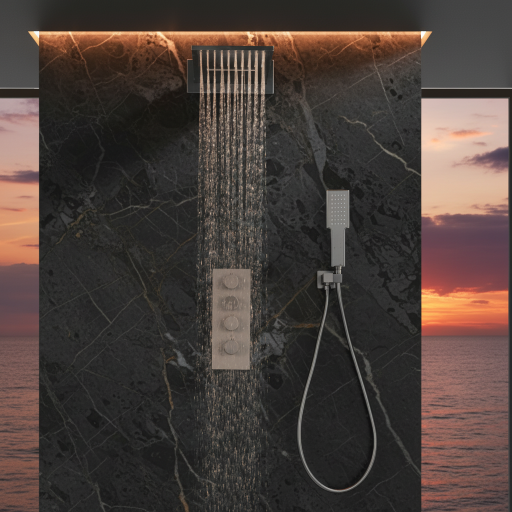 Thermostatische Inbouw Regendoucheset Isabella - Waterval - Gunmetal grey