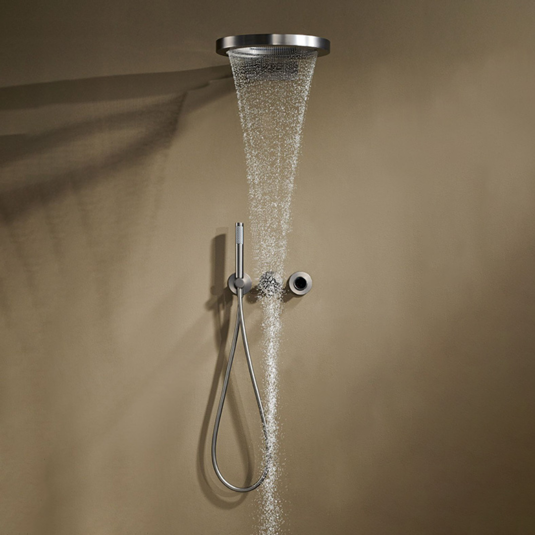 Ensemble de douche à effet pluie encastré thermostatique – Marino – Cascade & Douche à main – Régulation numérique – Chrome