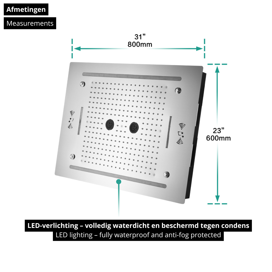 6-in-1 Thermostatische Inbouw Regendoucheset Marino – Bluetooth & Speakers – LED Verlichting – Massagejets - Chrome