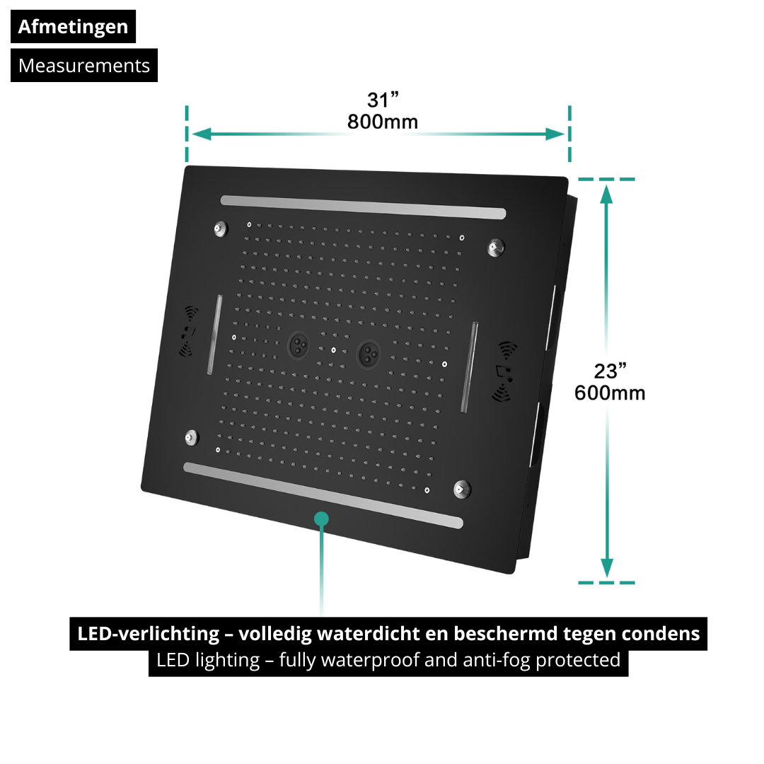 6-in-1 Thermostatische Inbouw Regendoucheset Marino – Bluetooth & Speakers – LED Verlichting – Massagejets - Zwart