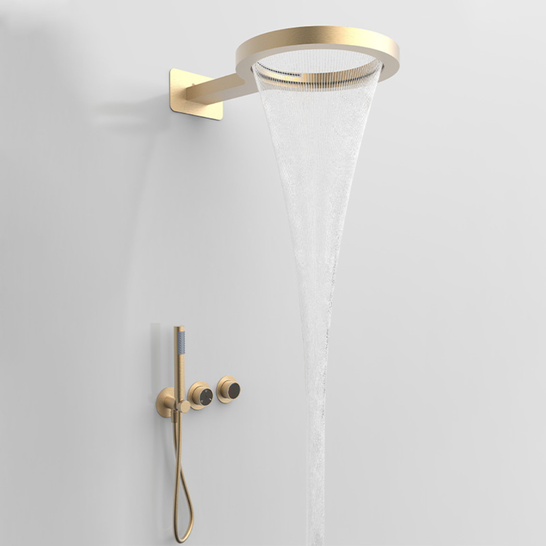 Ensemble de douche à effet pluie encastré thermostatique – Marino – Cascade & Douche à main – Régulation numérique – Or brossé