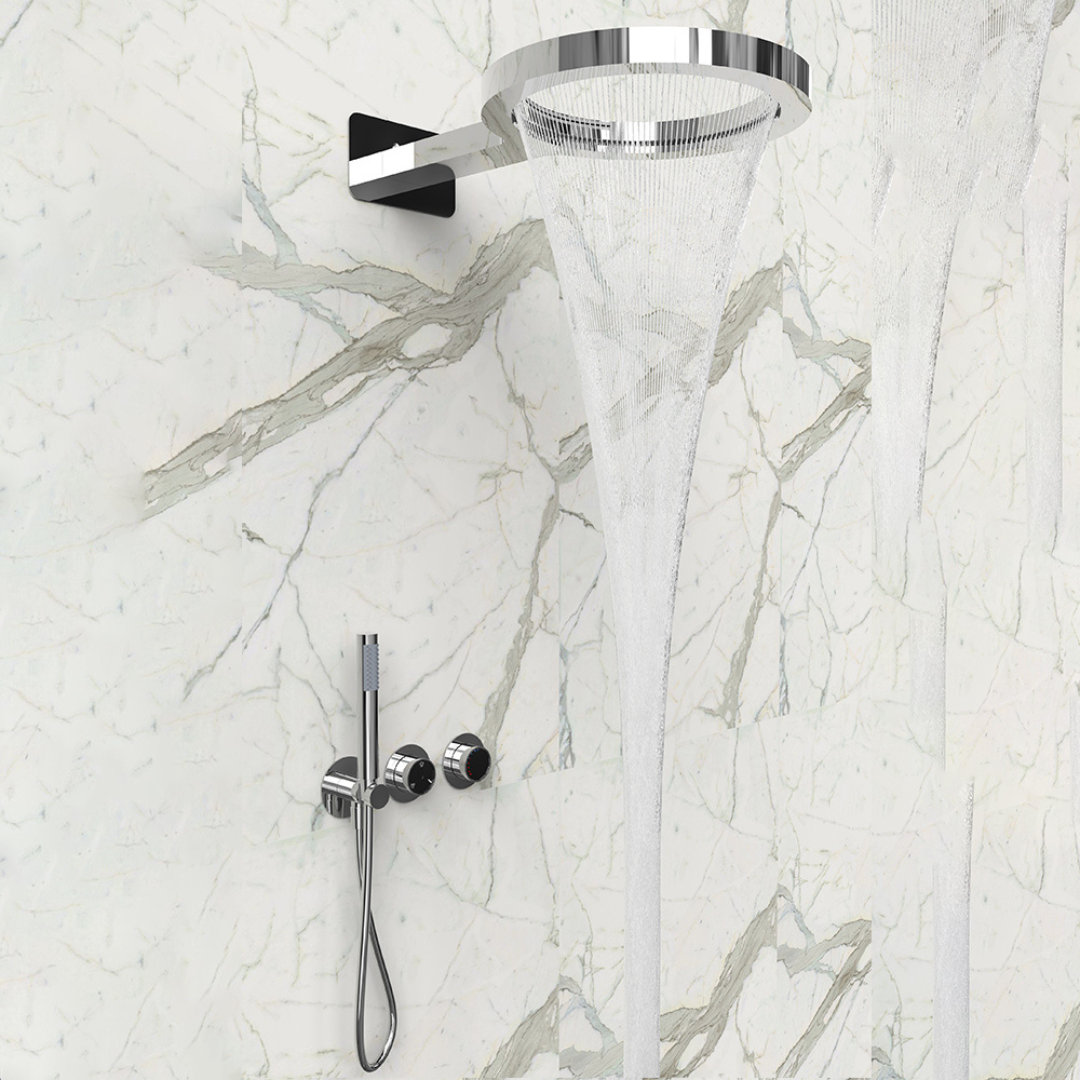 Ensemble de douche à effet pluie encastré thermostatique – Marino – Cascade & Douche à main – Régulation numérique – Chrome