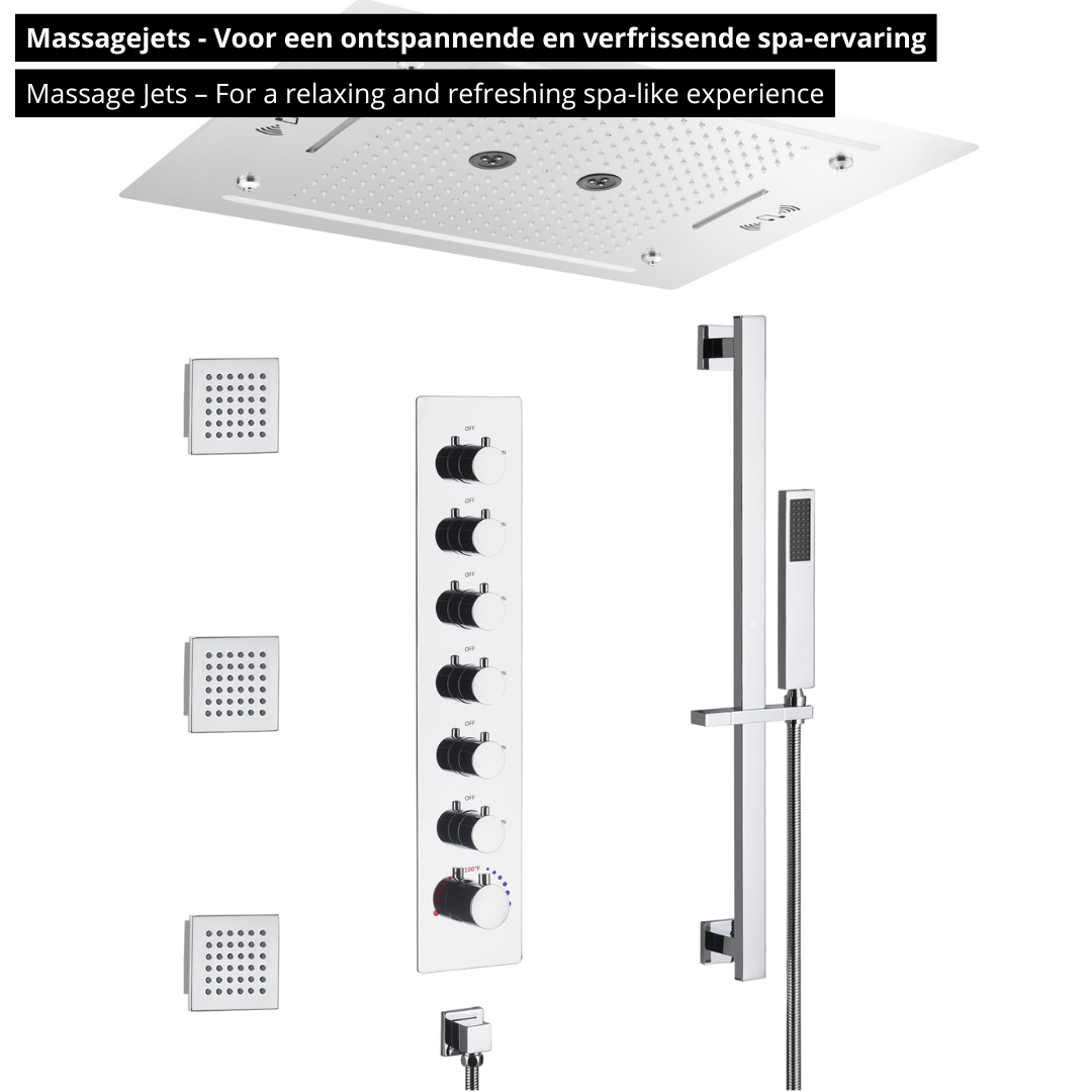 6-in-1 Thermostatische Inbouw Regendoucheset Marino – Bluetooth & Speakers – LED Verlichting – Massagejets - Chrome