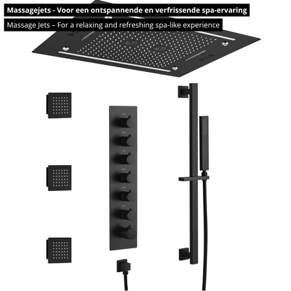 6-in-1 Thermostatische Inbouw Regendoucheset Marino – Bluetooth & Speakers – LED Verlichting – Massagejets - Zwart