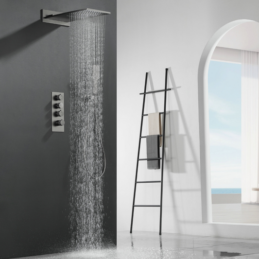 Ensemble de douche à effet pluie encastré thermostatique Isabella - Cascade - Gris gunmetal