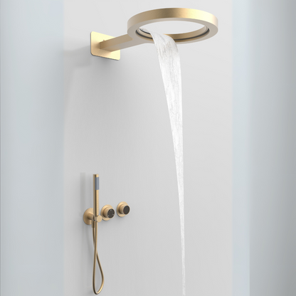 Ensemble de douche à effet pluie encastré thermostatique – Marino – Cascade & Douche à main – Régulation numérique – Or brossé