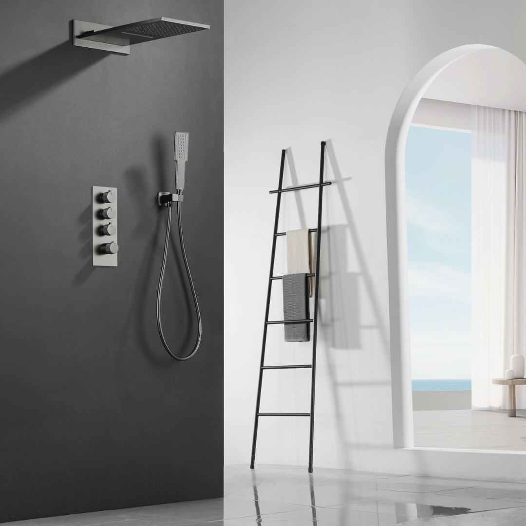 Ensemble de douche à effet pluie encastré thermostatique Isabella - Cascade - Gris gunmetal