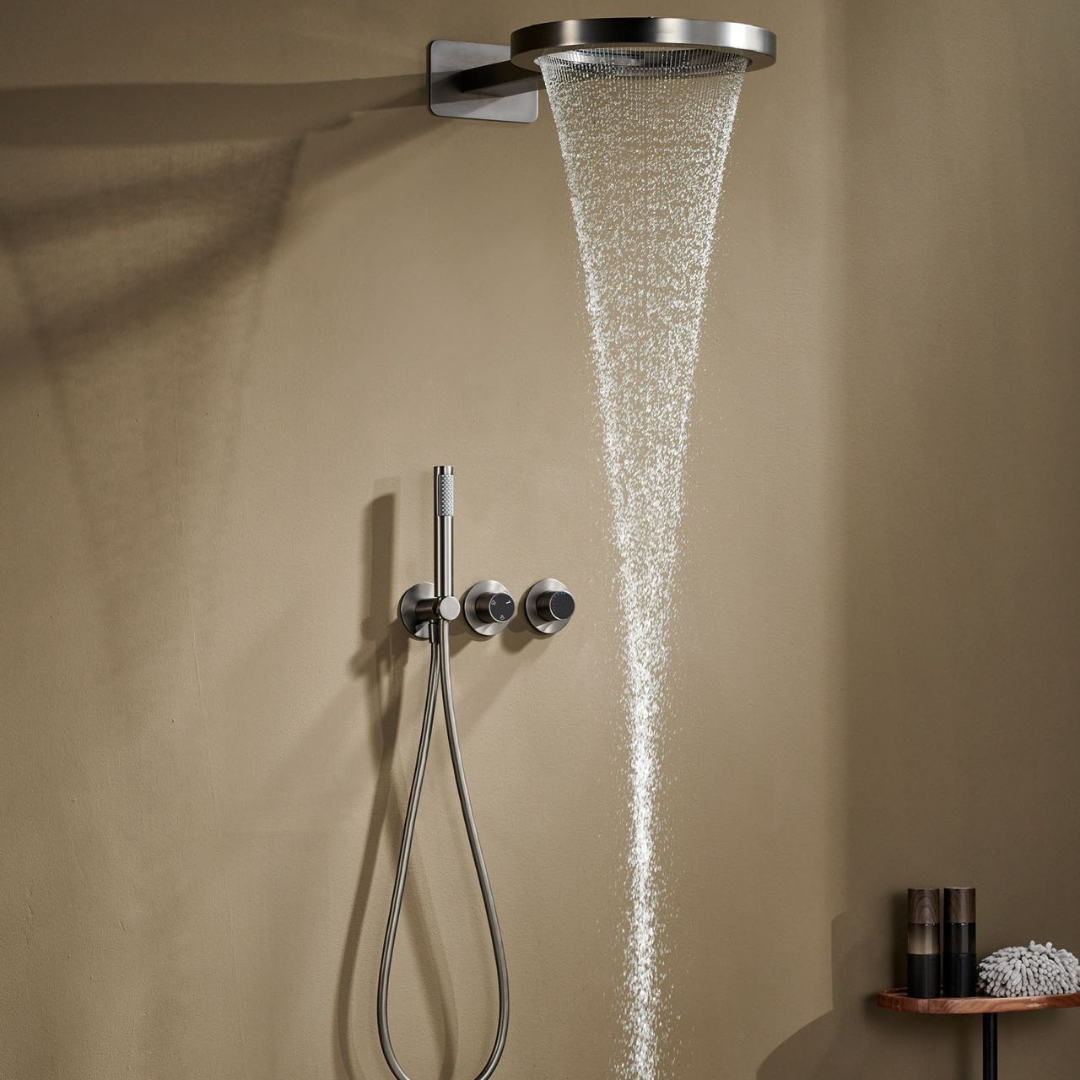 Ensemble de douche à effet pluie encastré thermostatique – Marino – Cascade & Douche à main – Régulation numérique – Chrome