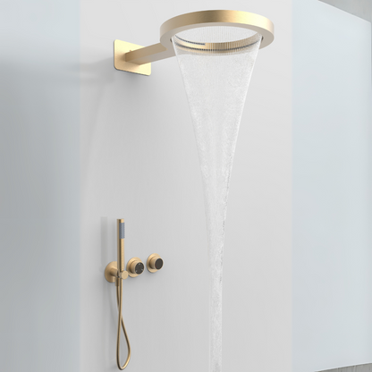 Ensemble de douche à effet pluie encastré thermostatique – Marino – Cascade & Douche à main – Régulation numérique – Or brossé