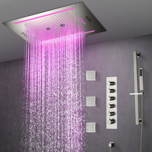 5-in-1 Thermostatische Inbouw Regendoucheset Valerie – Bluetooth & Speakers – LED Verlichting – Massagejets - Brushed nickel
