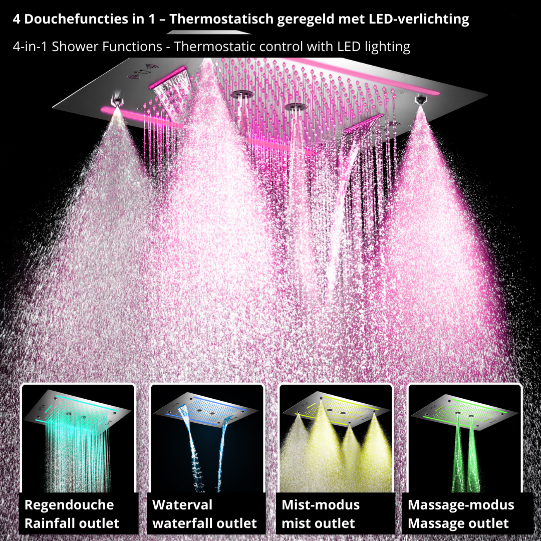 6-in-1 Thermostatische Inbouw Regendoucheset Marino – Bluetooth & Speakers – LED Verlichting – Massagejets - Chrome
