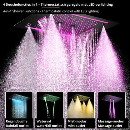 6-in-1 Thermostatische Inbouw Regendoucheset Marino – Bluetooth & Speakers – LED Verlichting – Massagejets - Zwart