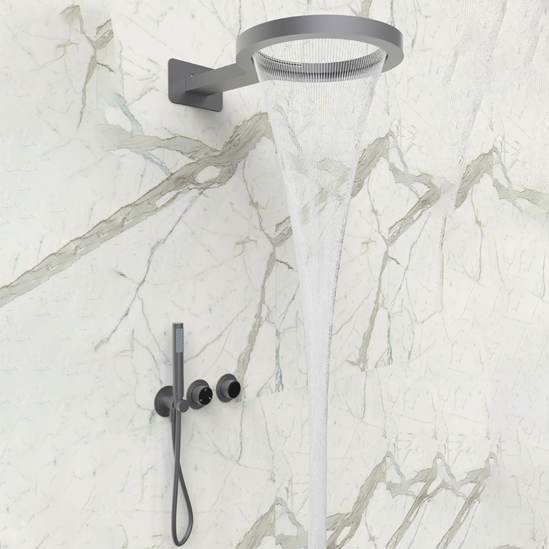 Ensemble de douche à effet pluie encastré thermostatique – Marino – Cascade & Douche à main – Régulation numérique – Gunmetal Grey