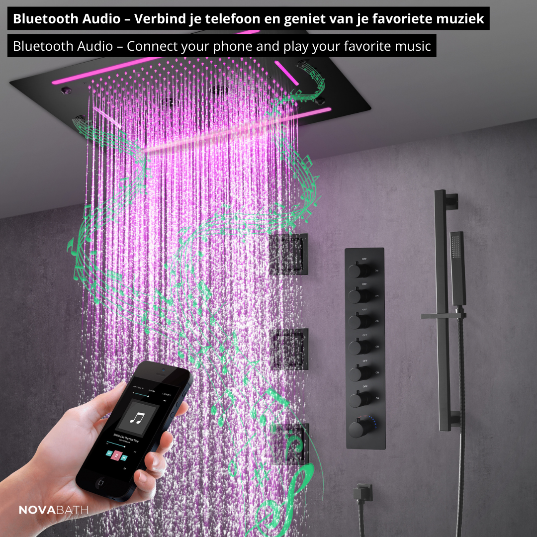 6-in-1 Thermostatische Inbouw Regendoucheset Marino – Bluetooth & Speakers – LED Verlichting – Massagejets - Zwart