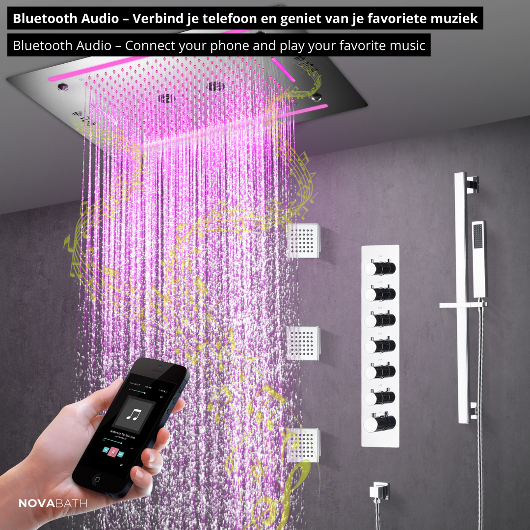 6-in-1 Thermostatische Inbouw Regendoucheset Marino – Bluetooth & Speakers – LED Verlichting – Massagejets - Chrome