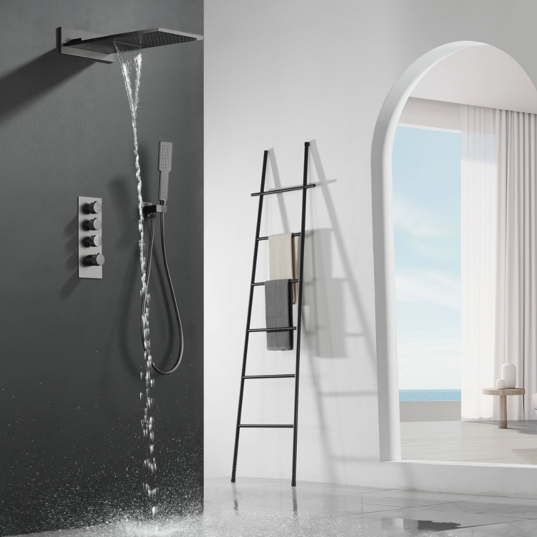Ensemble de douche à effet pluie encastré thermostatique Isabella - Cascade - Gris gunmetal