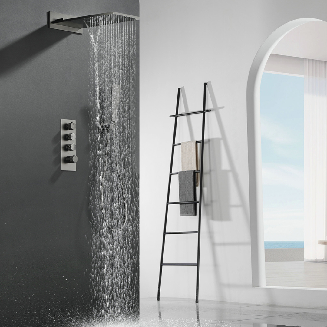 Ensemble de douche à effet pluie encastré thermostatique Isabella - Cascade - Gris gunmetal