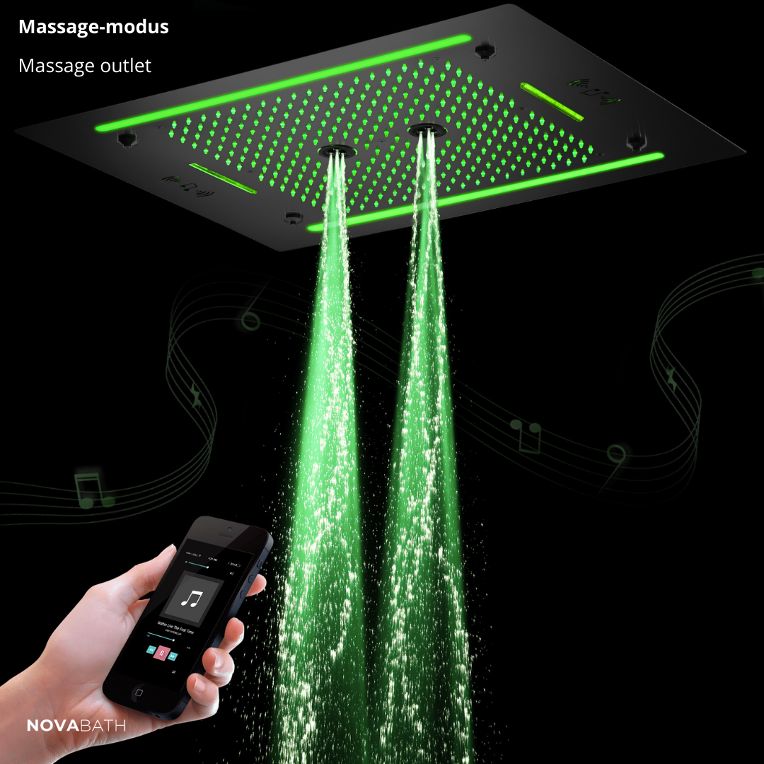 6-in-1 Thermostatische Inbouw Regendoucheset Marino – Bluetooth & Speakers – LED Verlichting – Massagejets - Zwart