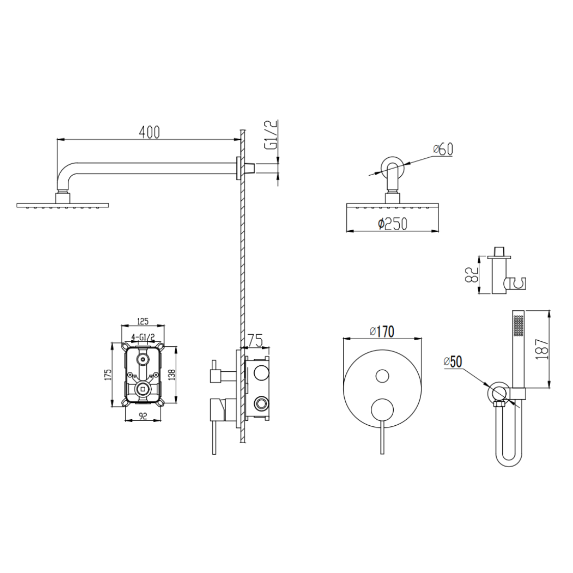 Inbouw Regendoucheset Angelica – Staafhanddouche – Mat zwart