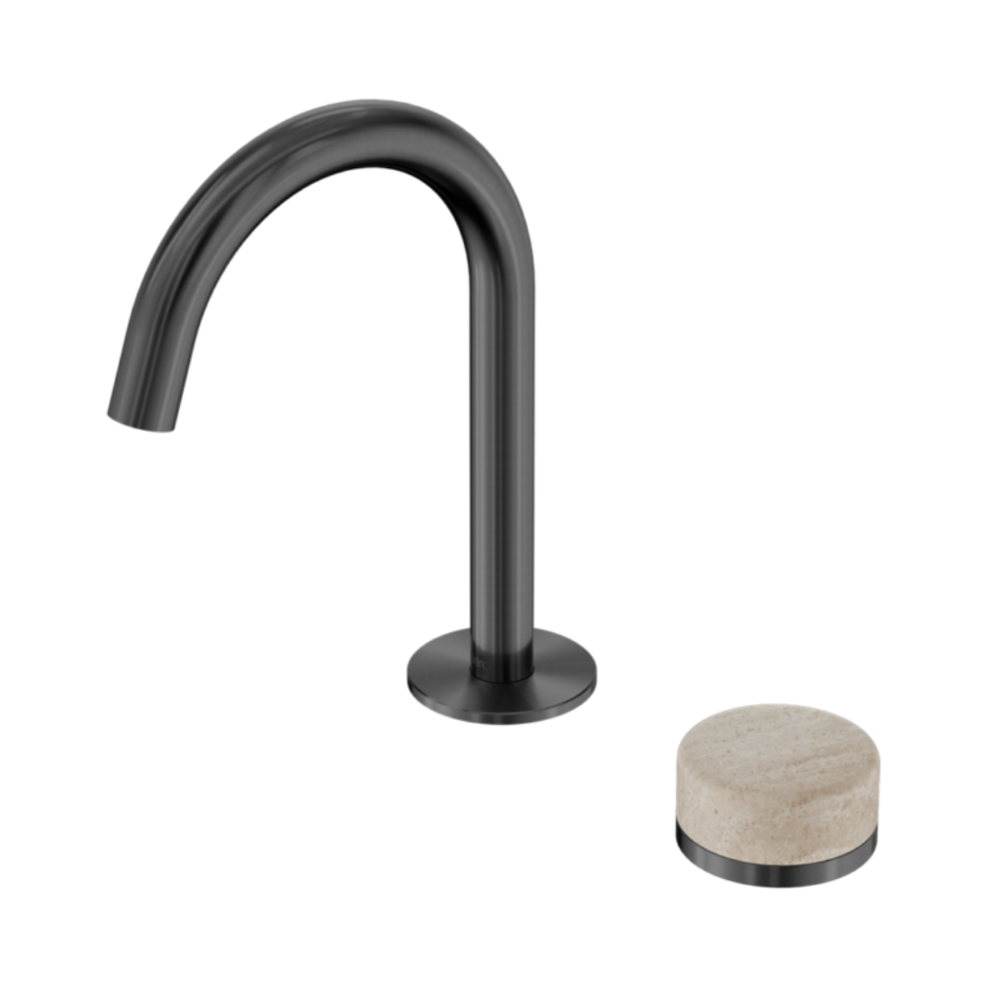 Robinet de lavabo encastré Sorrento – Travertin de Rome - 2 trous - Bec courbé - Gris métal gun