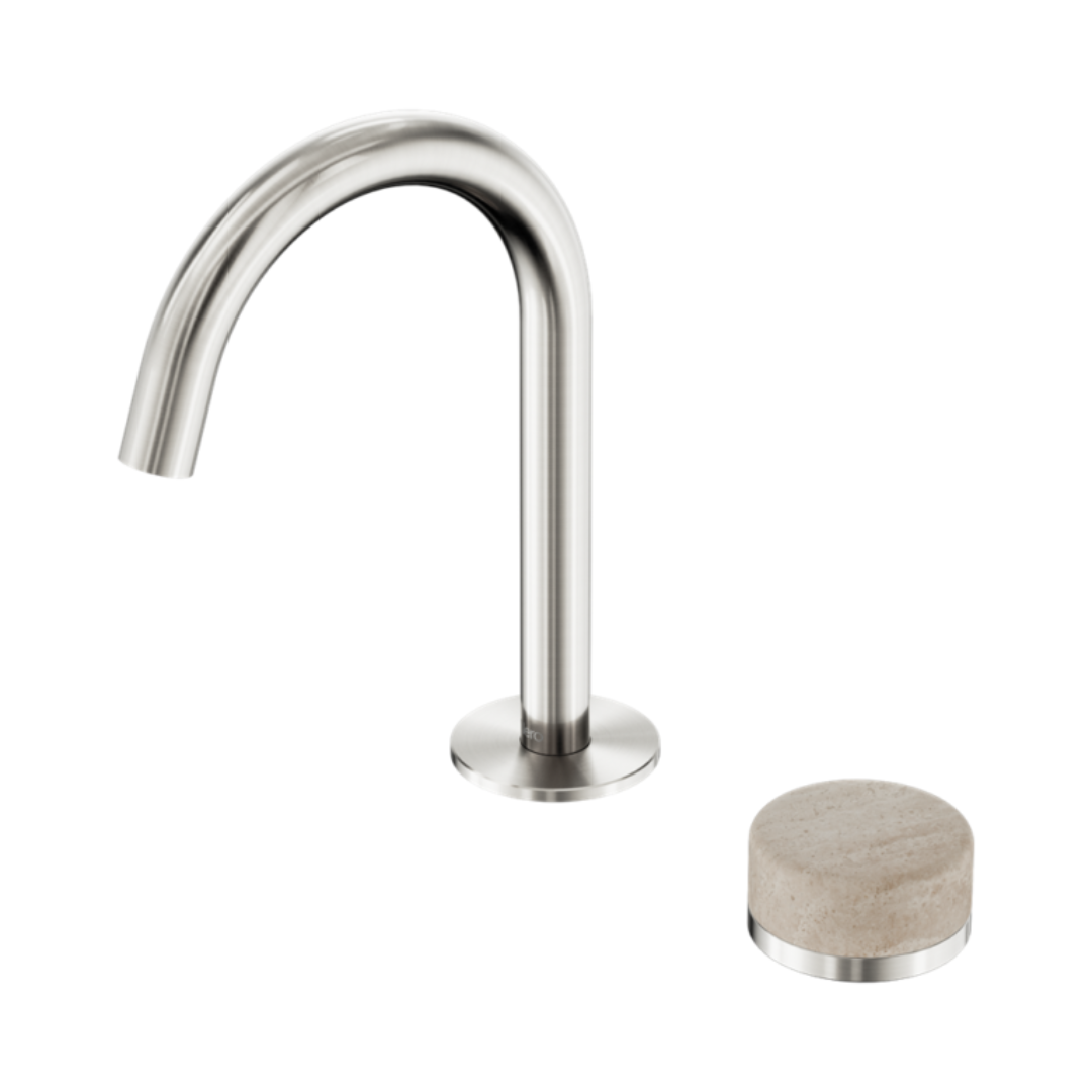 Robinet de lavabo encastré Sorrento – Travertin de Rome - 2 trous - Bec courbé (arc) - Nickel brossé