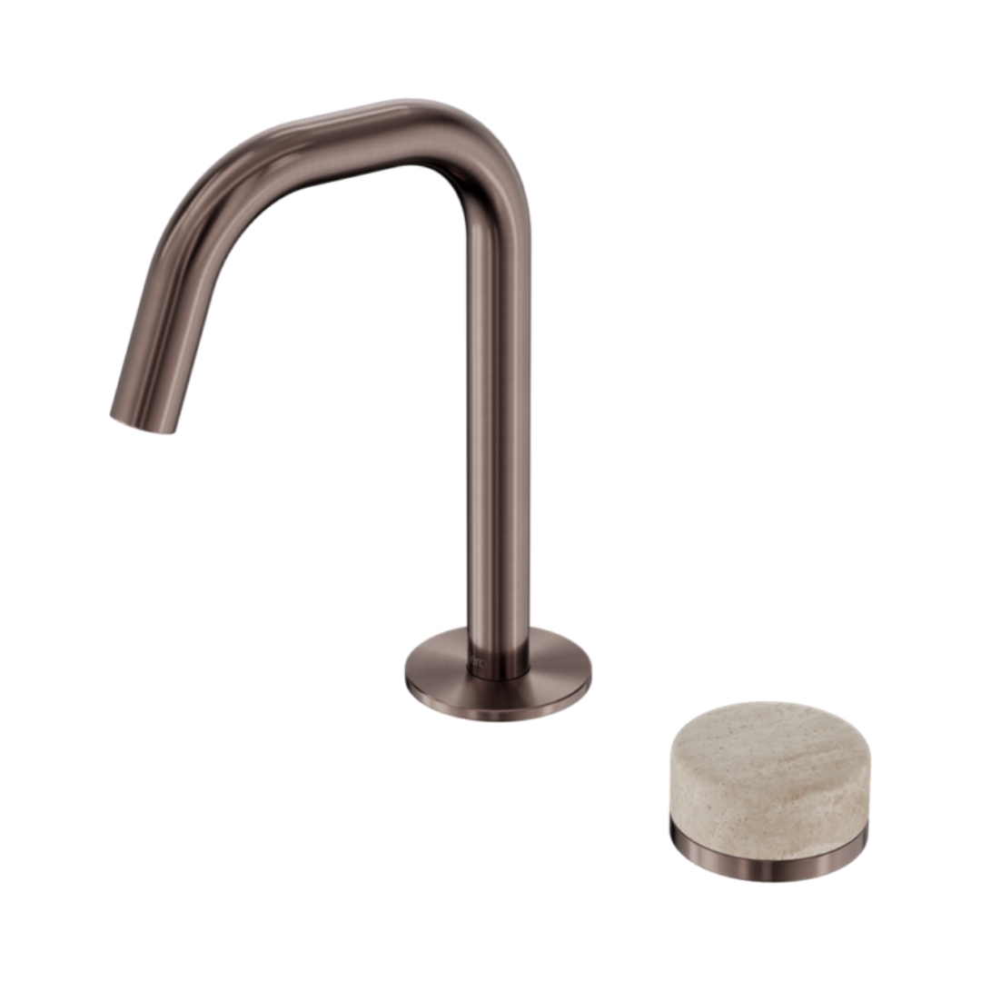 Robinet de lavabo encastré Sorrento – Travertin de Rome – 2 trous – Débit droit – Bronze brossé