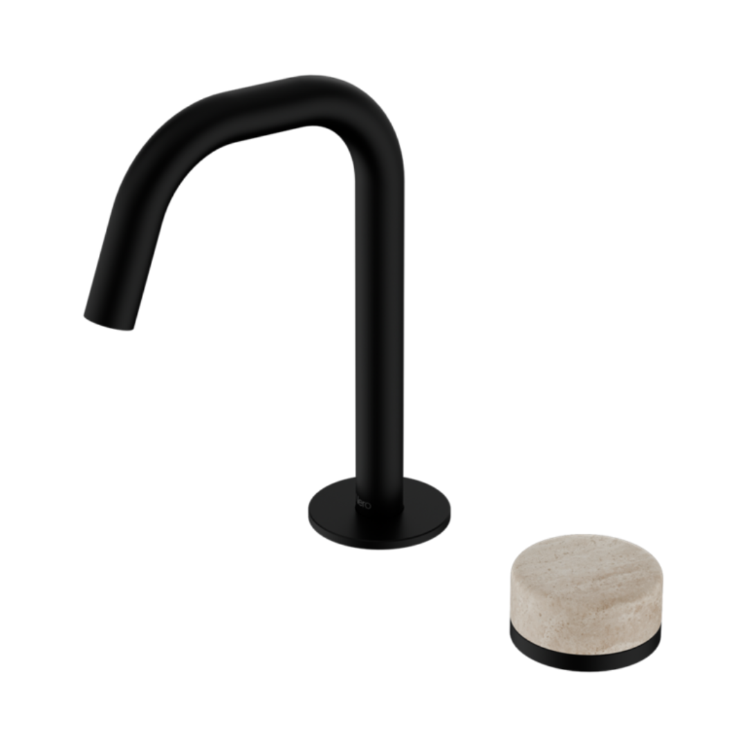 Robinet de lavabo encastré Sorrento – Travertin de Rome – 2 trous – Sortie droite – Noir mat